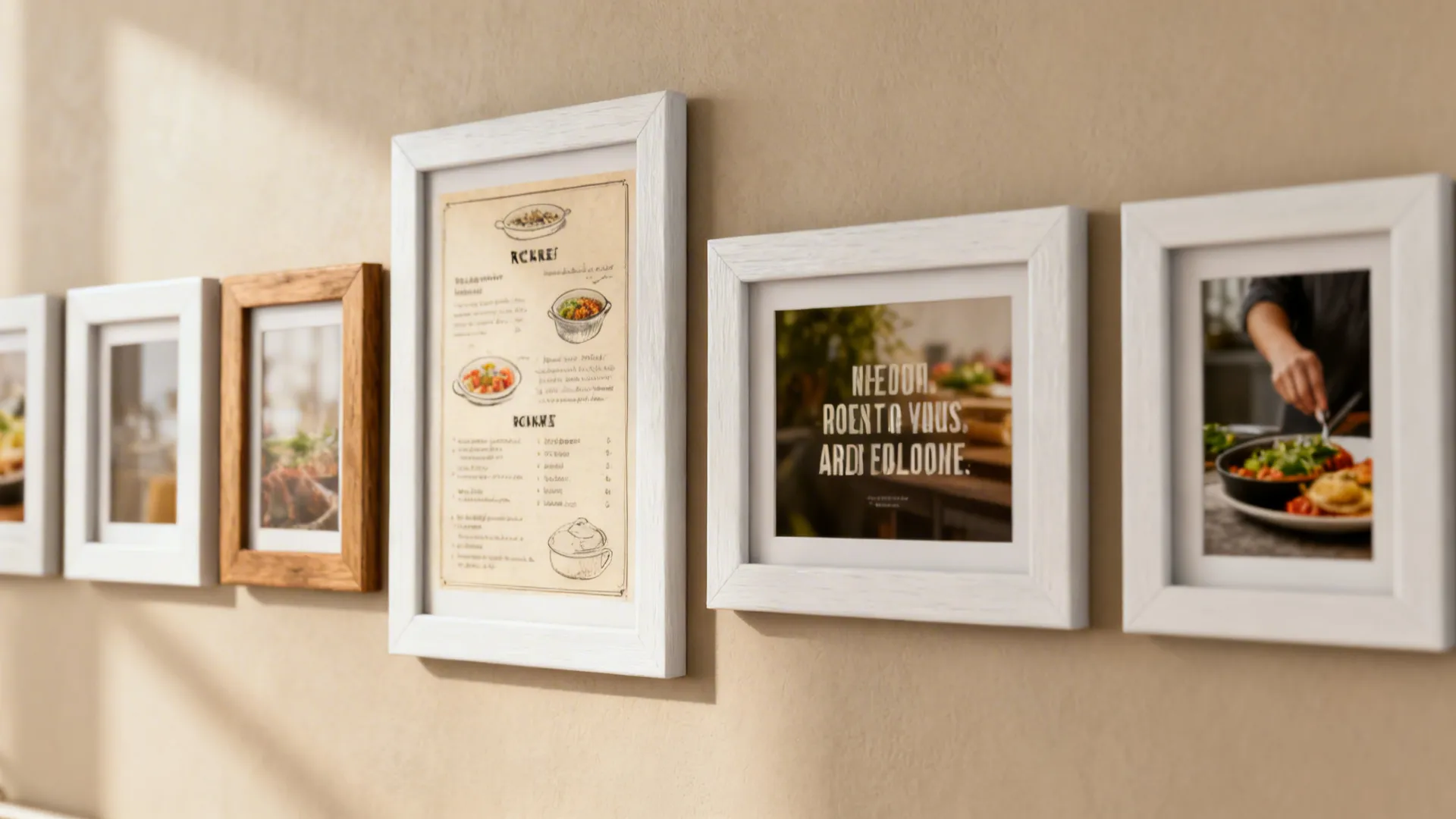 Horizontal gallery strip with mixed frames and consistent matting above a small dining table.