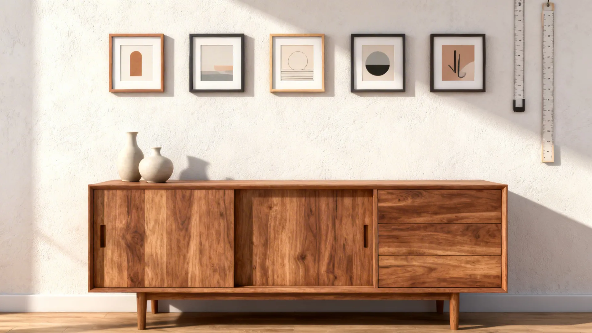 Sideboard with a tight horizontal gallery strip of small frames creating rhythm above it in a modern dining area.
