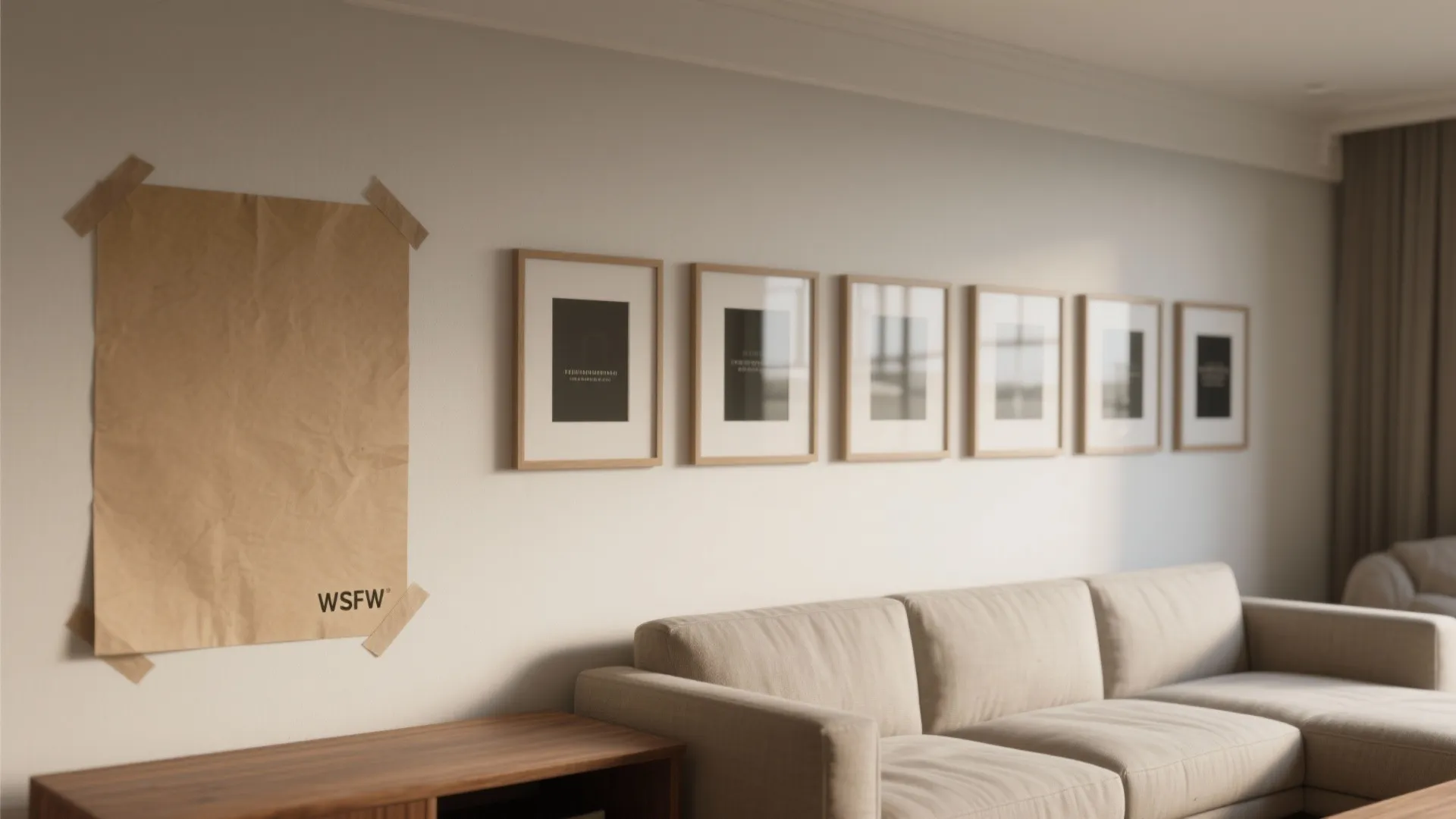Modern living room with a long beige sofa and simple wooden frames on a white wall