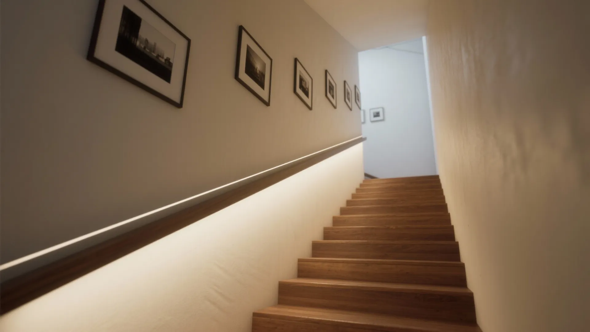 Wooden stairs with wall light under the handrail and framed pictures on the white wall