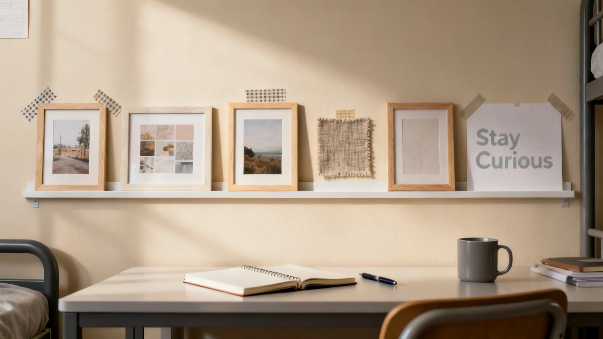 Eye-level gallery strip with washi tape and lightweight frames creates a personalized hostel wall.