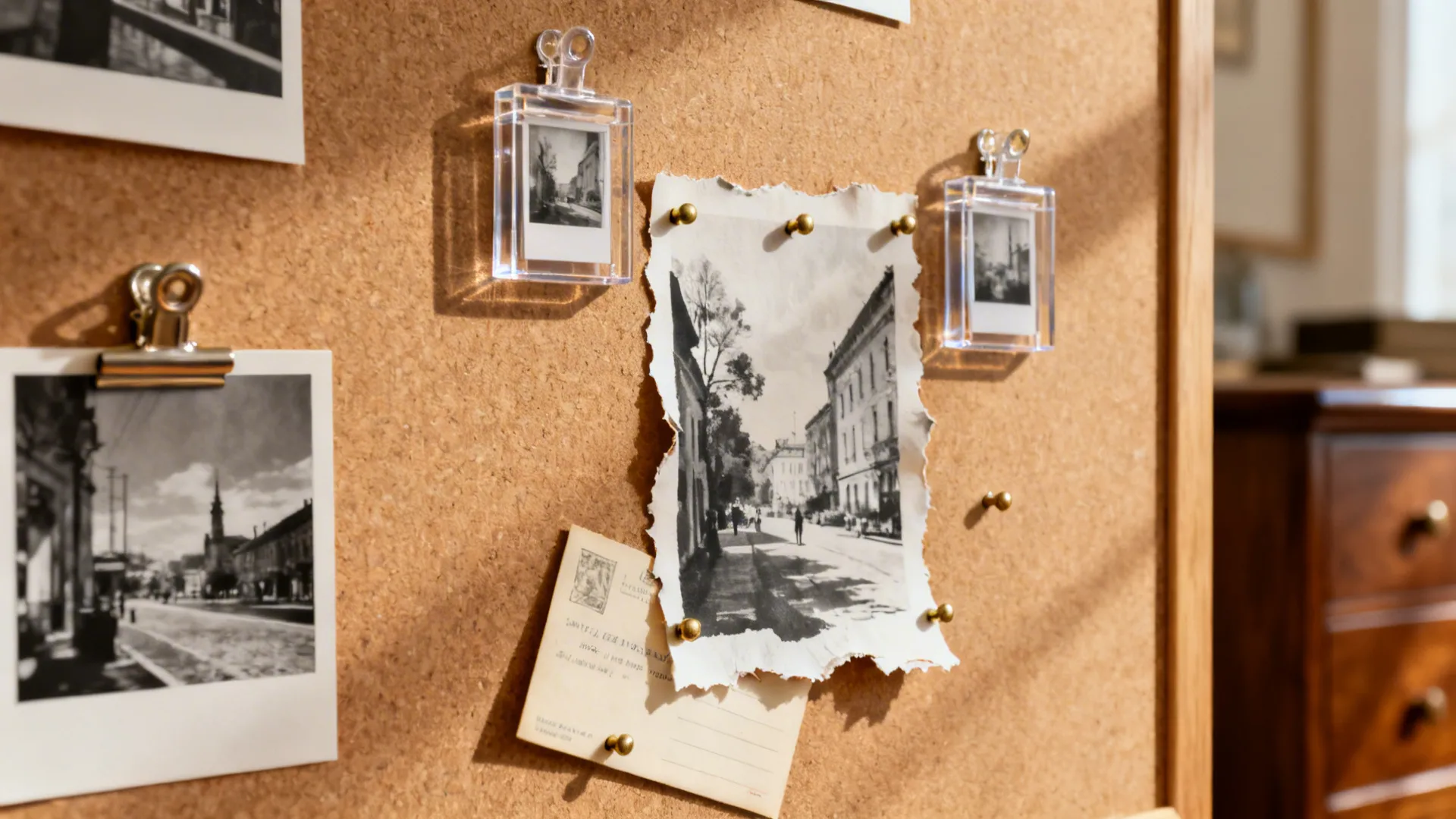 Close up view of a cork board with vintage black and white photos and notes