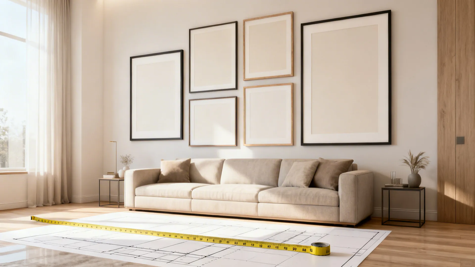 Gallery-style arrangement of a few large framed artworks with wide mats above a sofa in a modern living room.