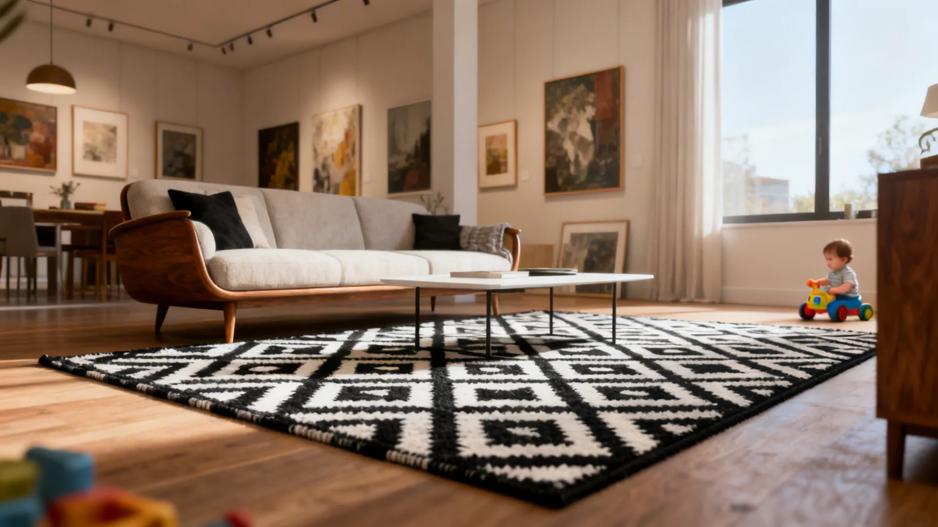 Modern living room with white sofa, geometric rug, coffee table, wall art, and playing child