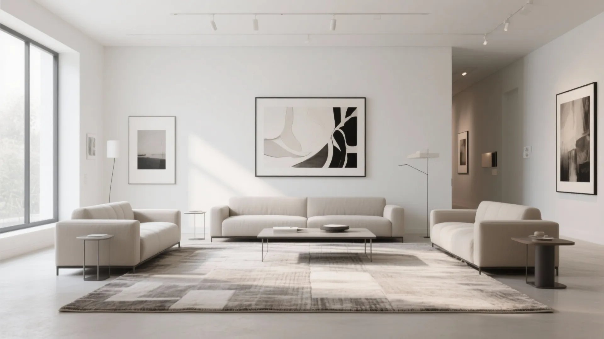 Large patterned rug under a white sofa set in a modern minimalist living room decor