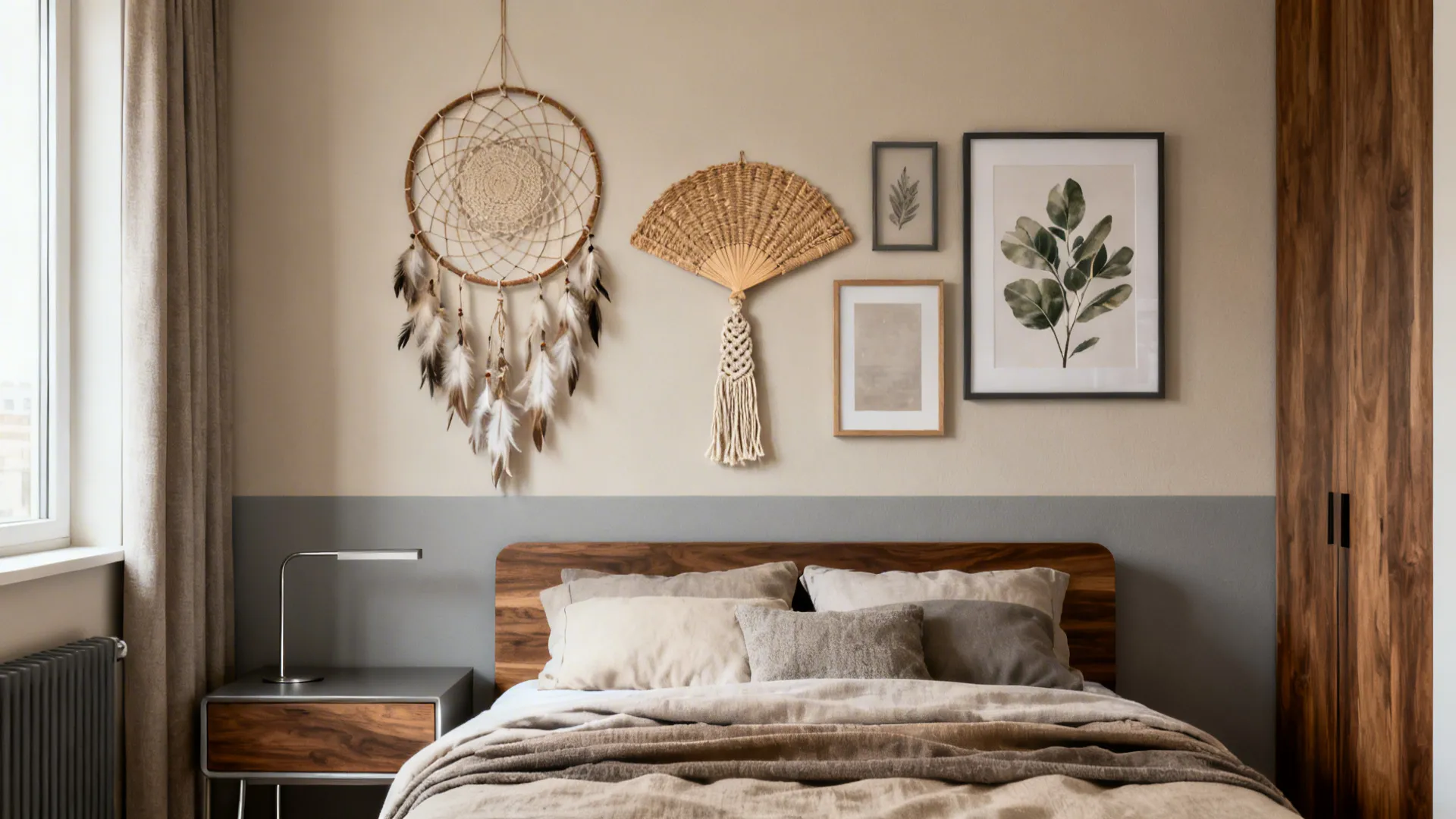 Curated gallery wall with a dream catcher, woven fan, macramé, and a botanical print in neutral tones.