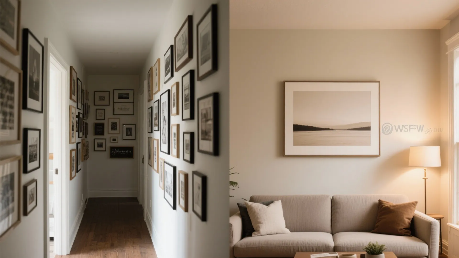 Comparison showing a long hallway gallery wall versus a single large framed picture above sofa