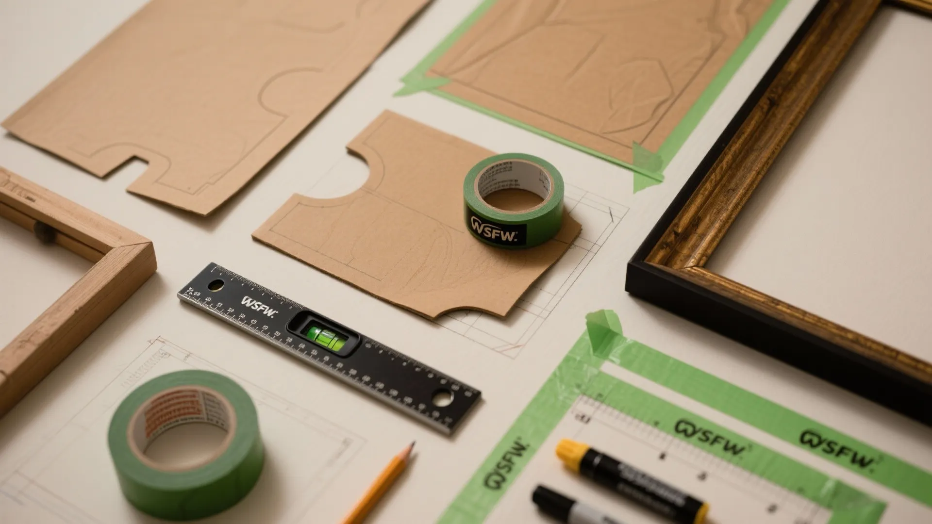 Top-down flatlay of gallery wall planning tools: kraft paper templates, tape, laser level, and measuring tape.