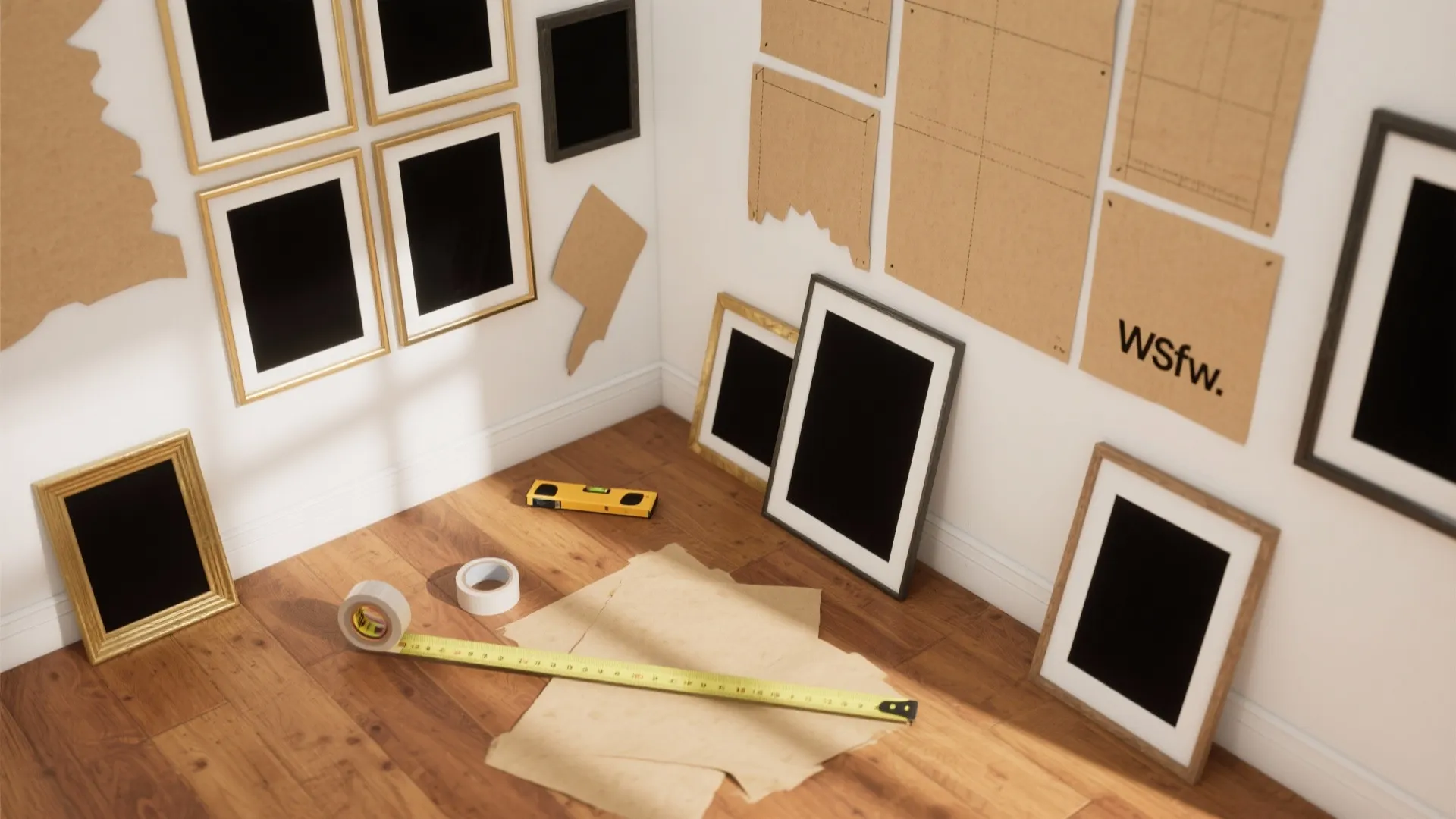 Top-down layout with frames, kraft paper cutouts, painter’s tape, and a measuring tape on a wood floor.
