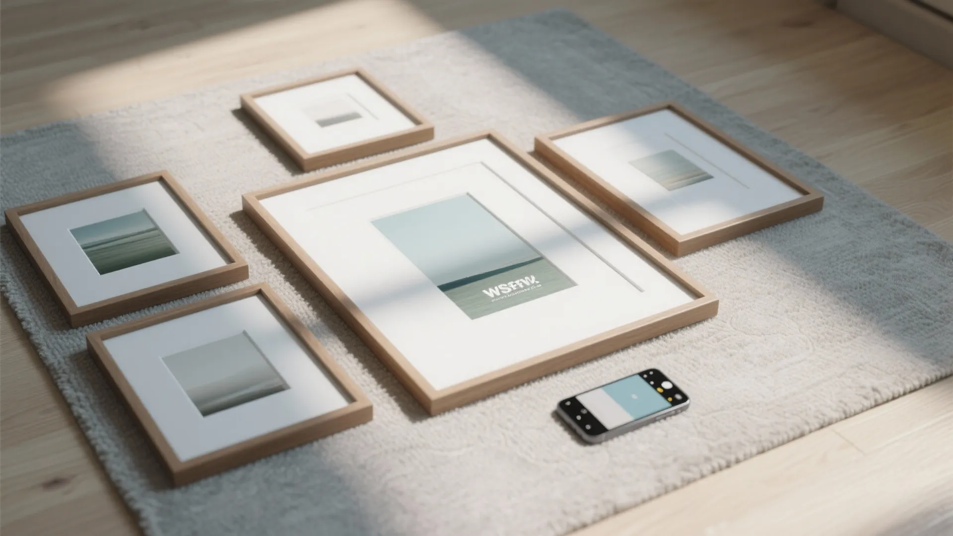 Five wooden picture frames arranged on grey carpet near a smartphone on light wood floor