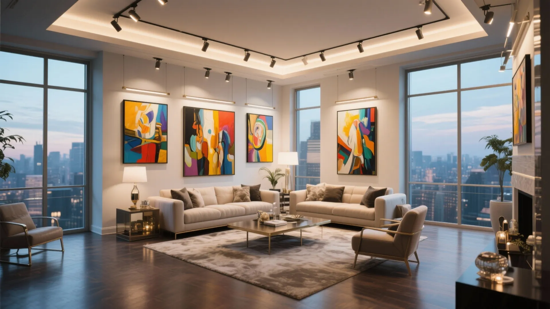 Gallery-style track lighting illuminating vibrant wall art in a penthouse