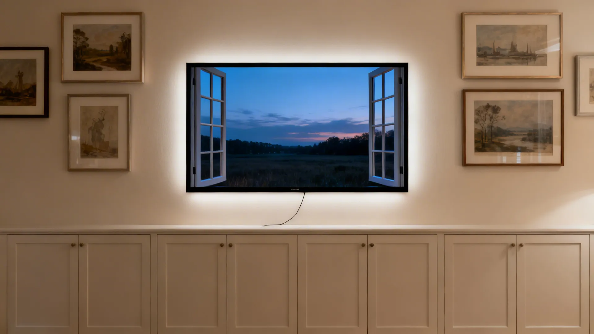 Thin-framed gallery TV with warm dimmable bias lighting on a clean art wall.