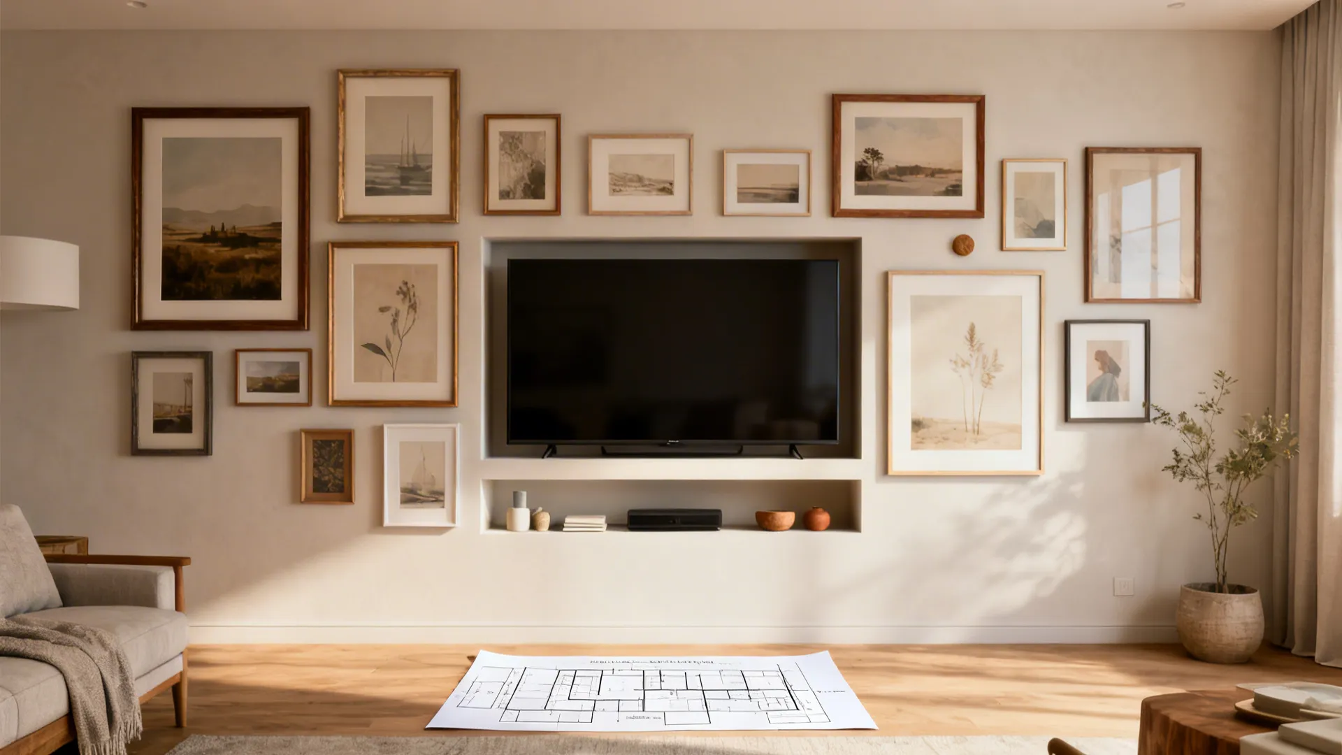 4. Gallery wall with a designated TV “slot”