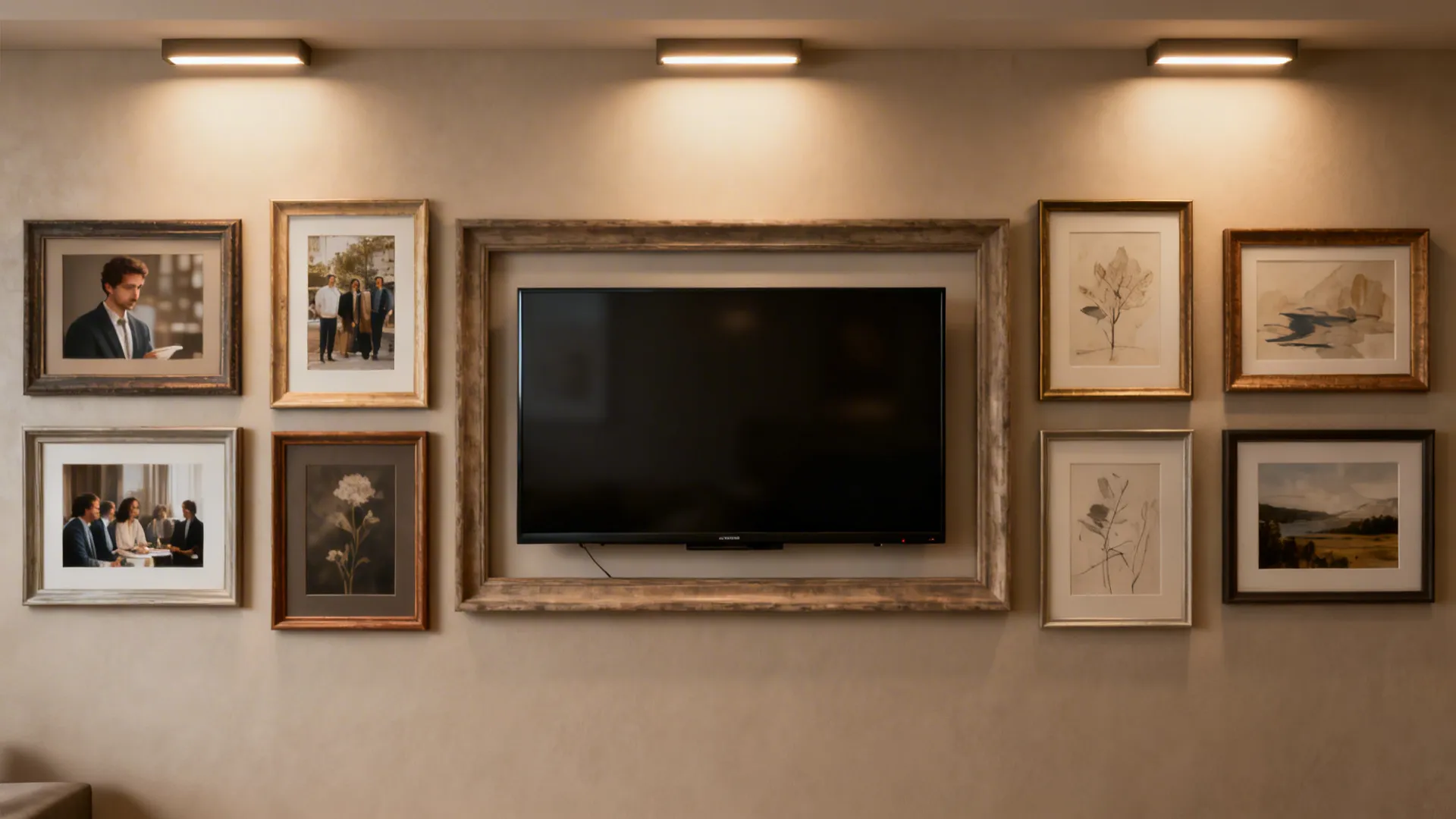Television surrounded by several framed pictures on a beige wall under three small ceiling lights