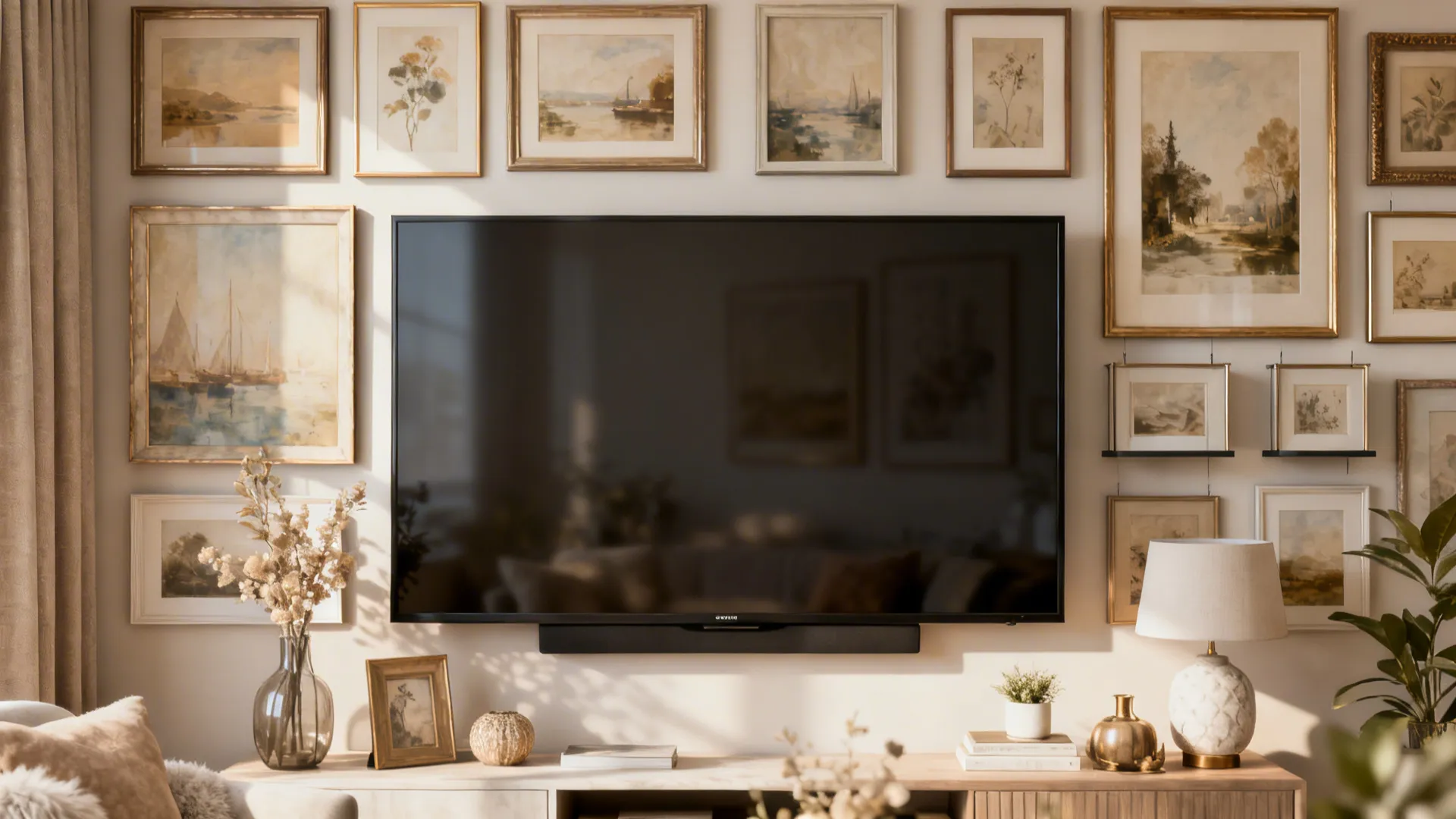 A 50-inch TV integrated into a gallery wall with framed artwork and floating frames