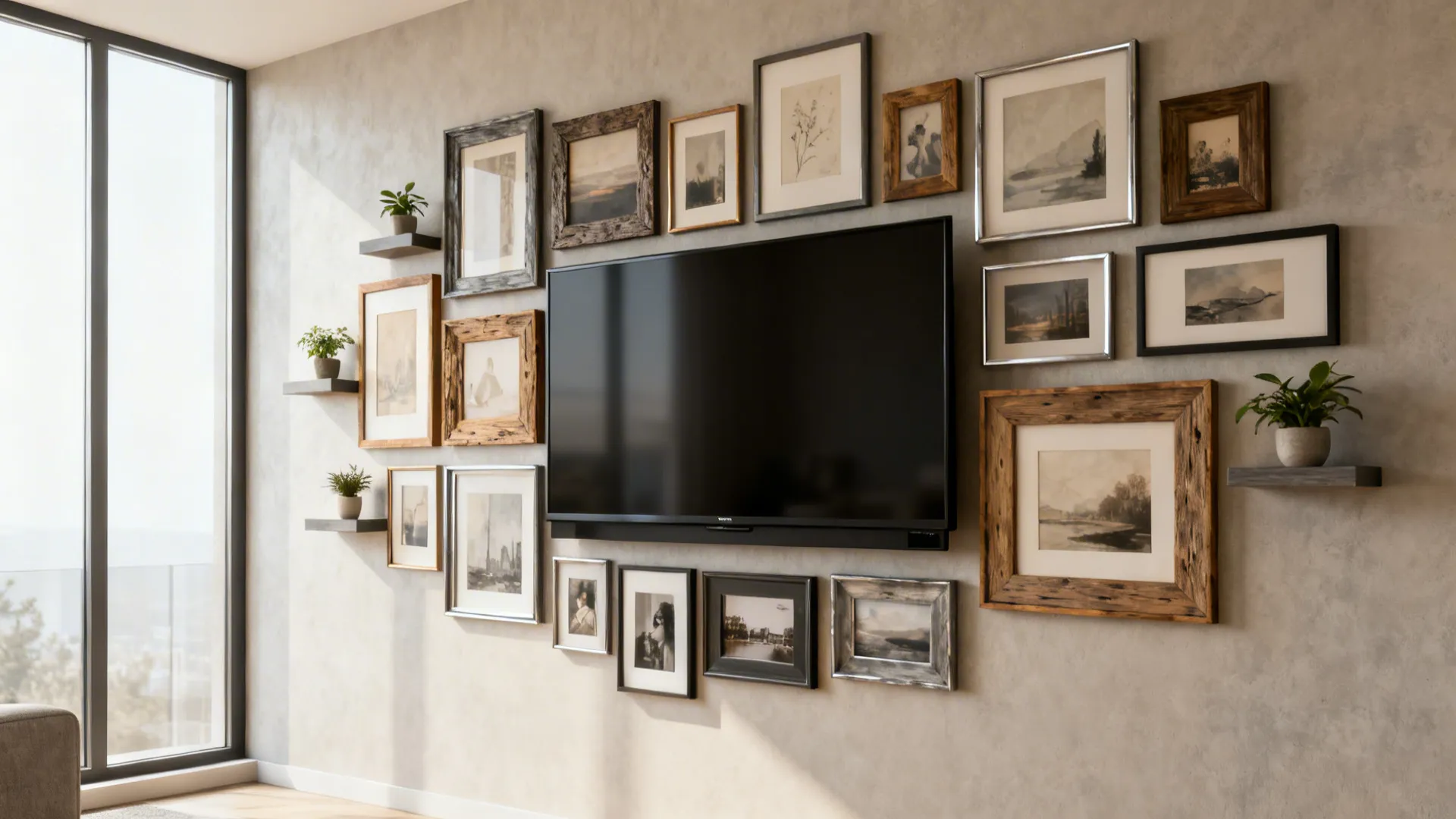 Curated gallery wall with framed art and photos arranged around a mounted TV in a cozy living room.