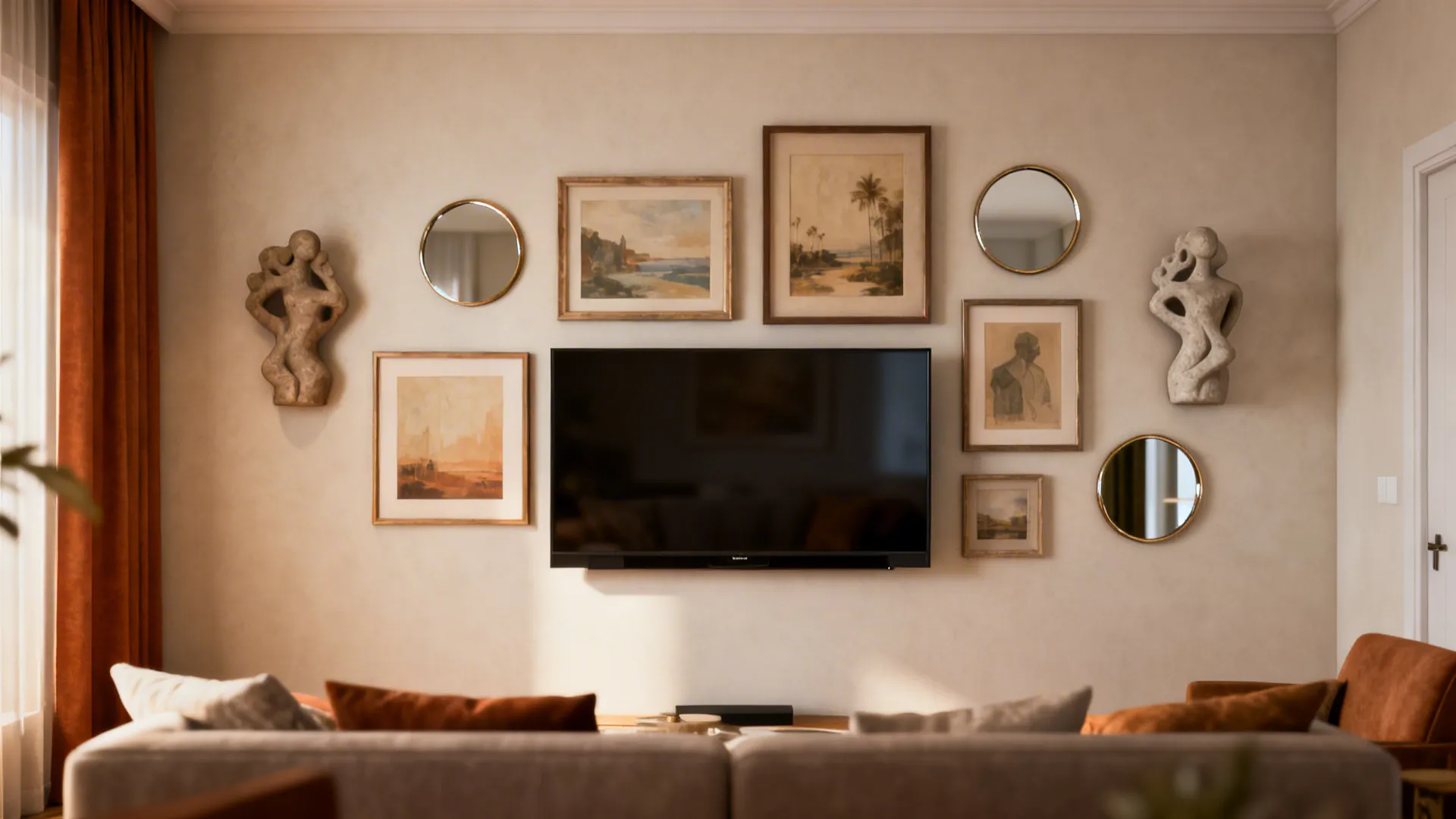 Television surrounded by framed art and small round mirrors on a beige living room wall