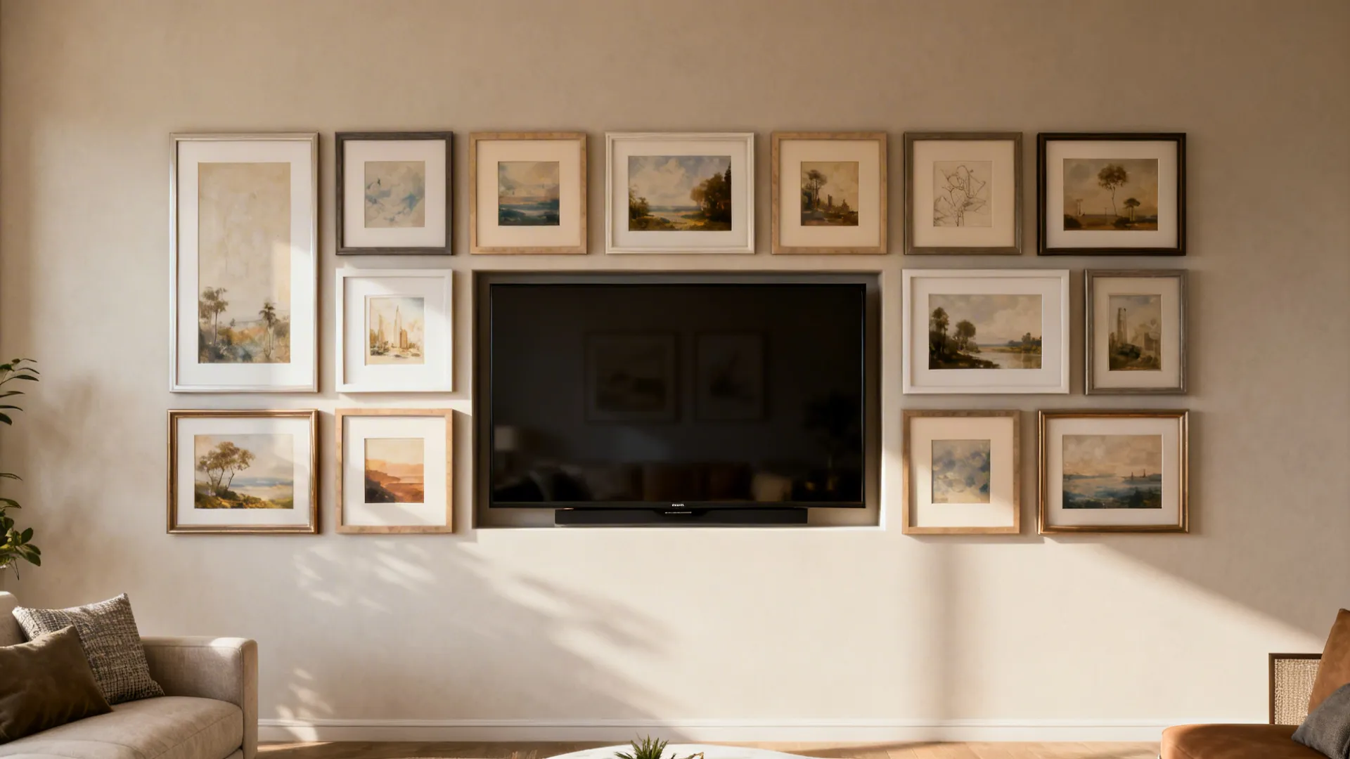 Gallery-style TV wall with framed art balanced around the screen in a small living room