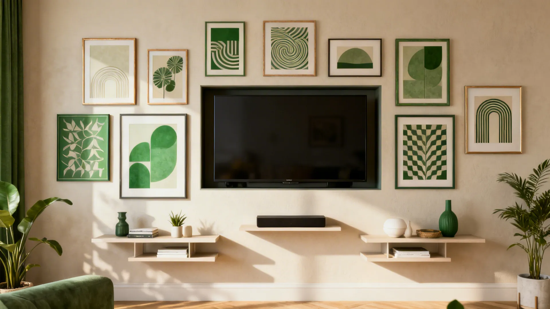 Gallery wall with a TV framed and integrated among art and shelves