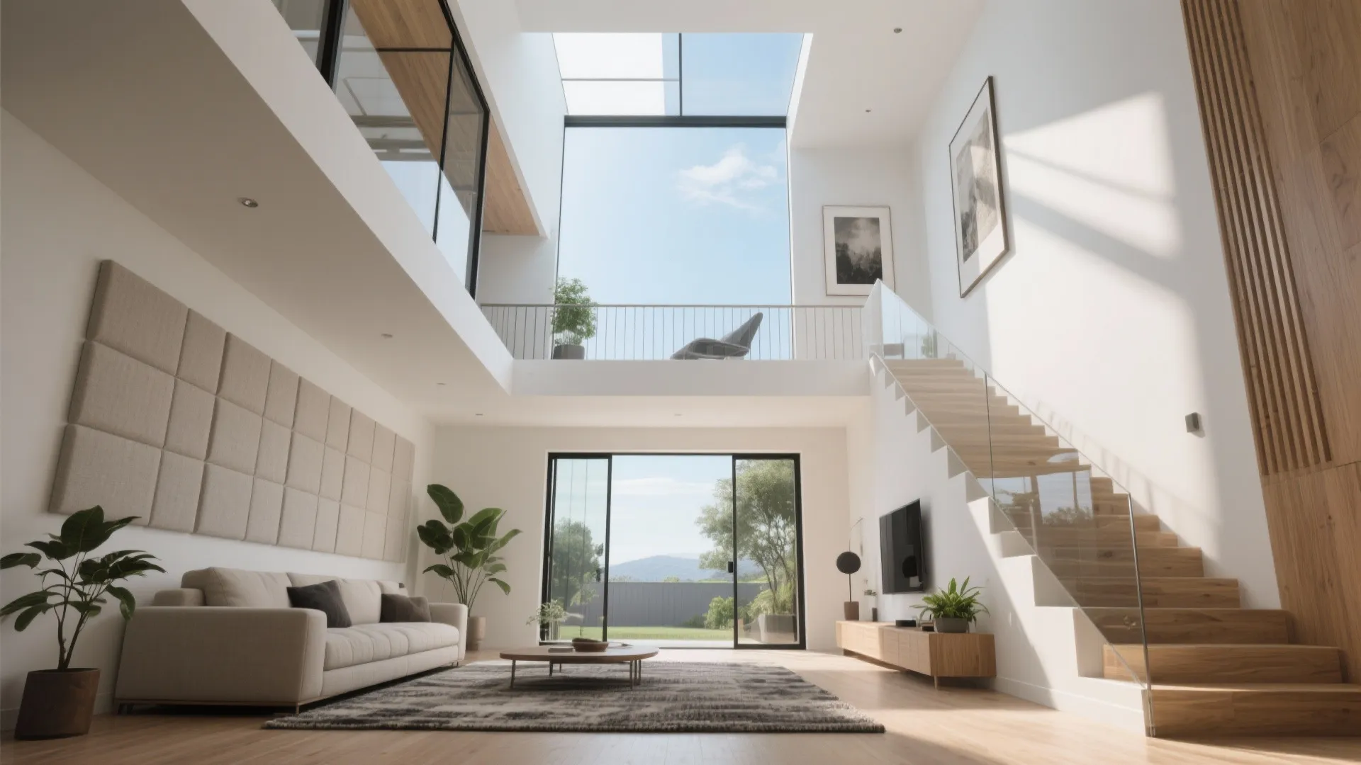 Modern living room featuring high ceiling beige sofa wooden stairs glass railing and large glass windows