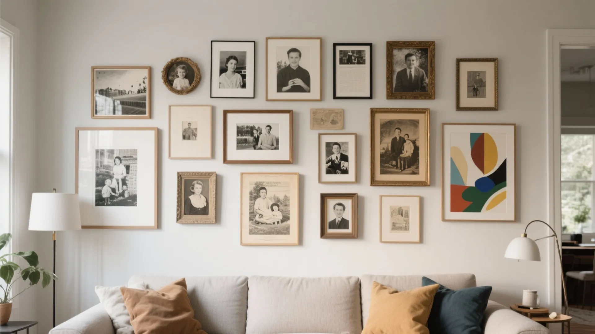 Living room wall decorated with many framed family photos and art above a grey sofa