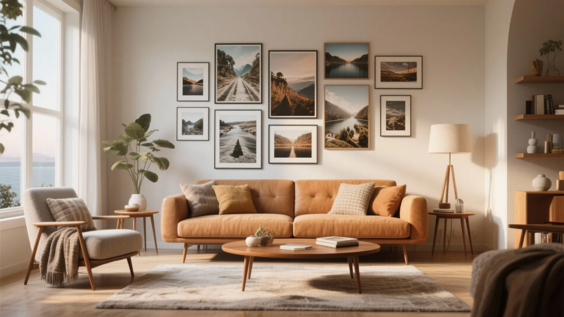 Warm living room with a leather sofa below a large gallery wall of framed pictures