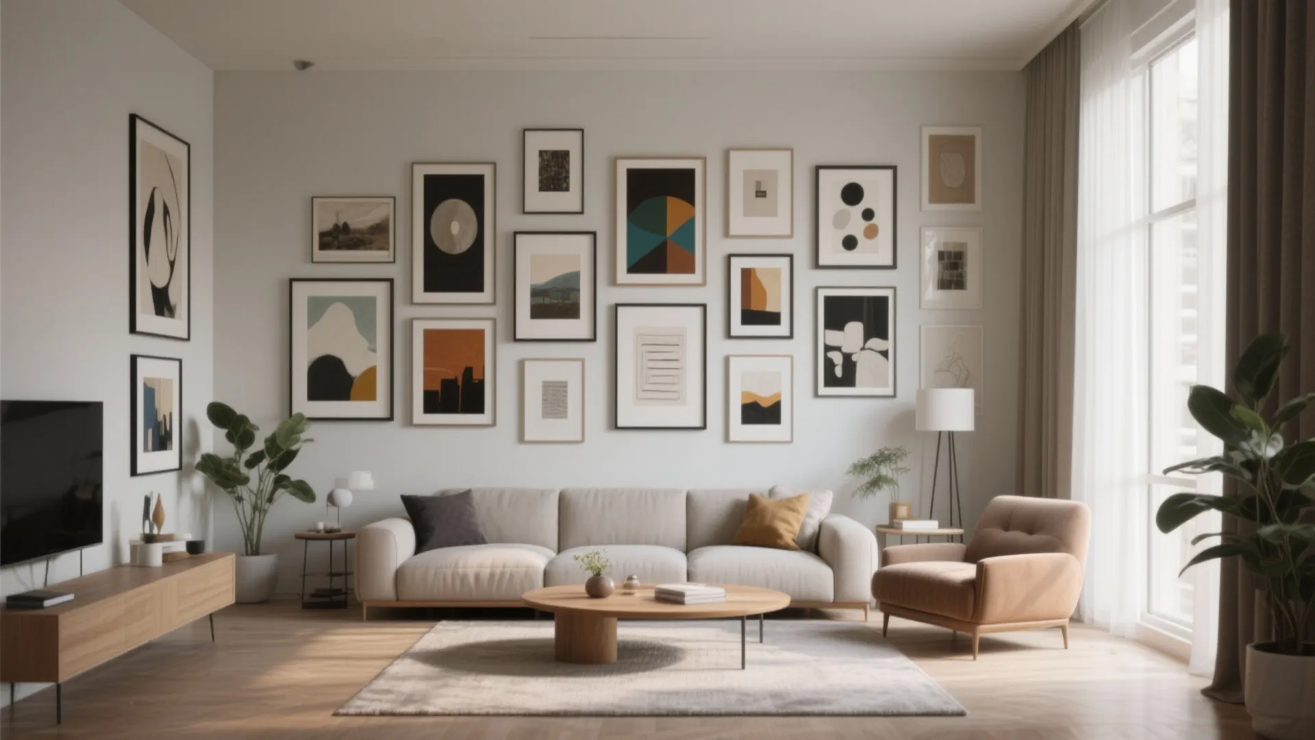 Modern living room featuring large gallery wall with framed art sofa and round wooden coffee table