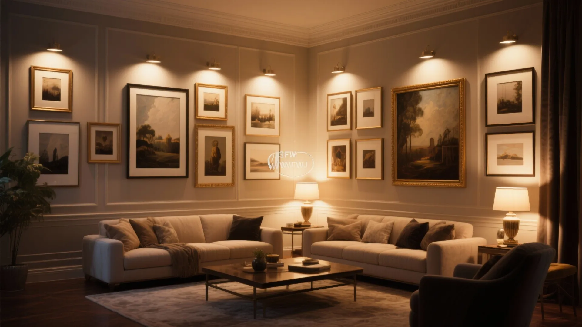Warm living room featuring wall lights illuminating several framed pictures above two comfortable white sofas