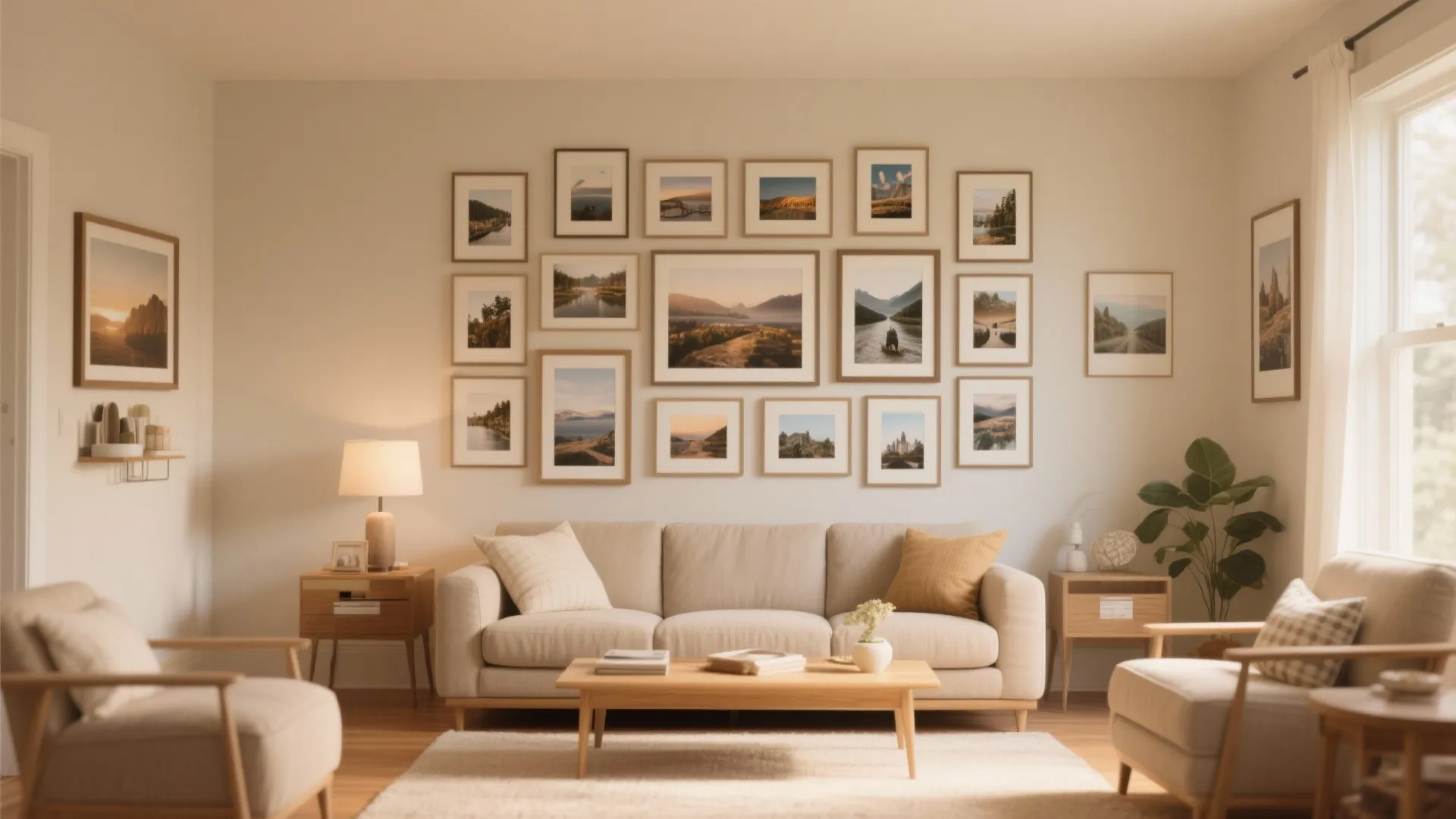 Living room featuring a beige sofa set against a wall decorated with many framed art pictures