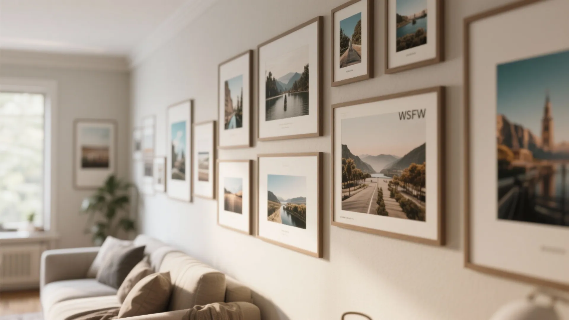 Living room wall decorated with many framed landscape pictures and photos hanging above grey sofa
