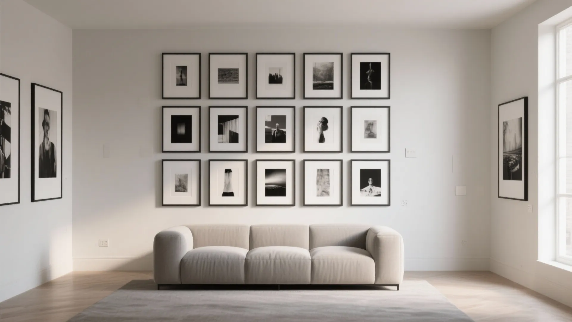 Modern living room featuring a grid of black framed photos on wall above beige sofa