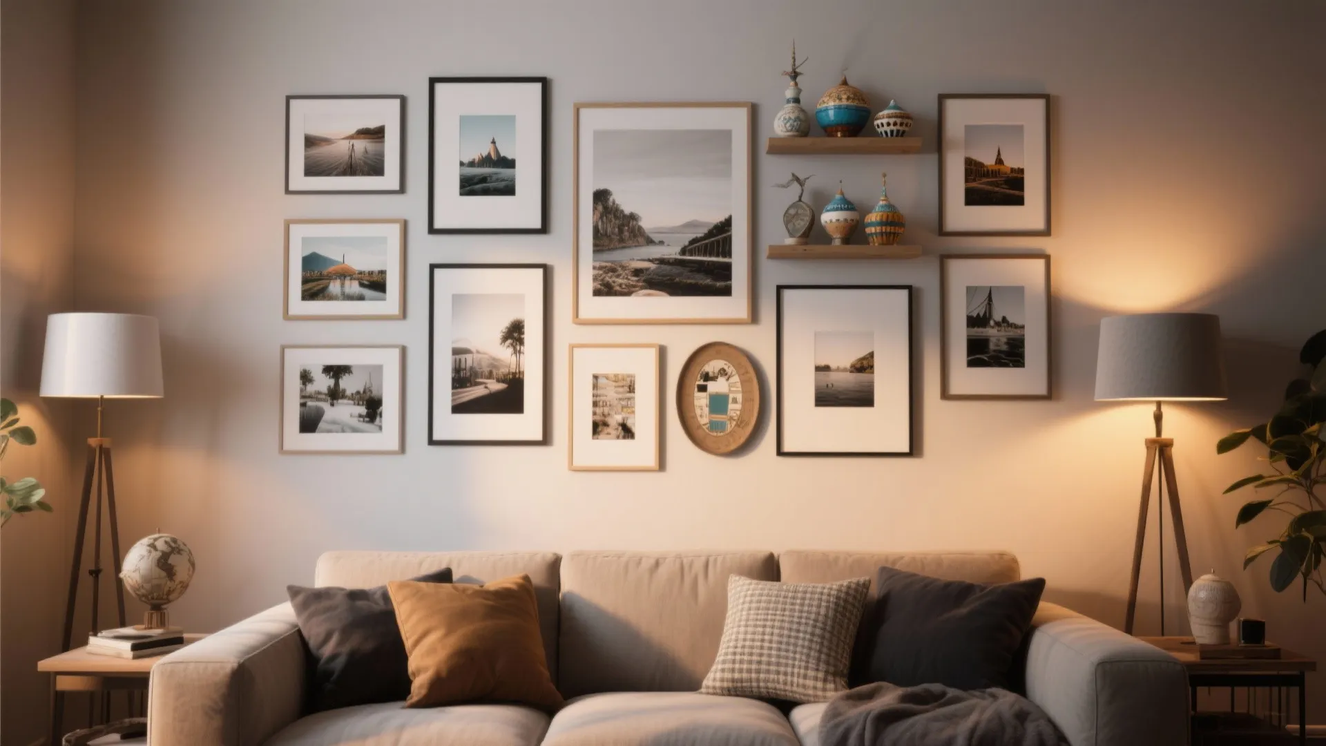 Living room wall decorated with many framed pictures, a beige sofa, and two floor lamps