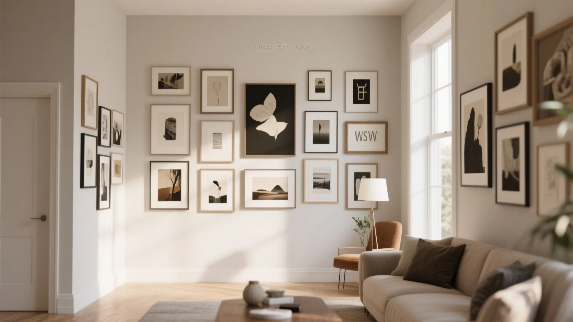 Modern living room wall decorated with many framed art prints above a beige fabric sofa