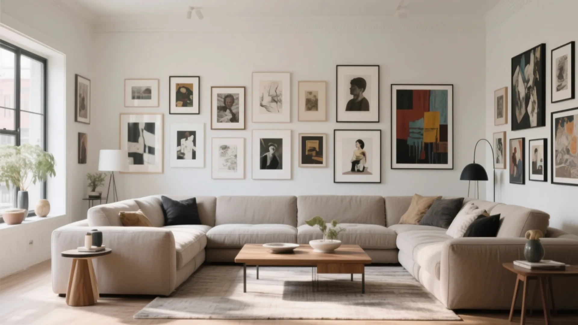 Spacious living room featuring large beige sectional sofa and extensive gallery wall with many framed artworks