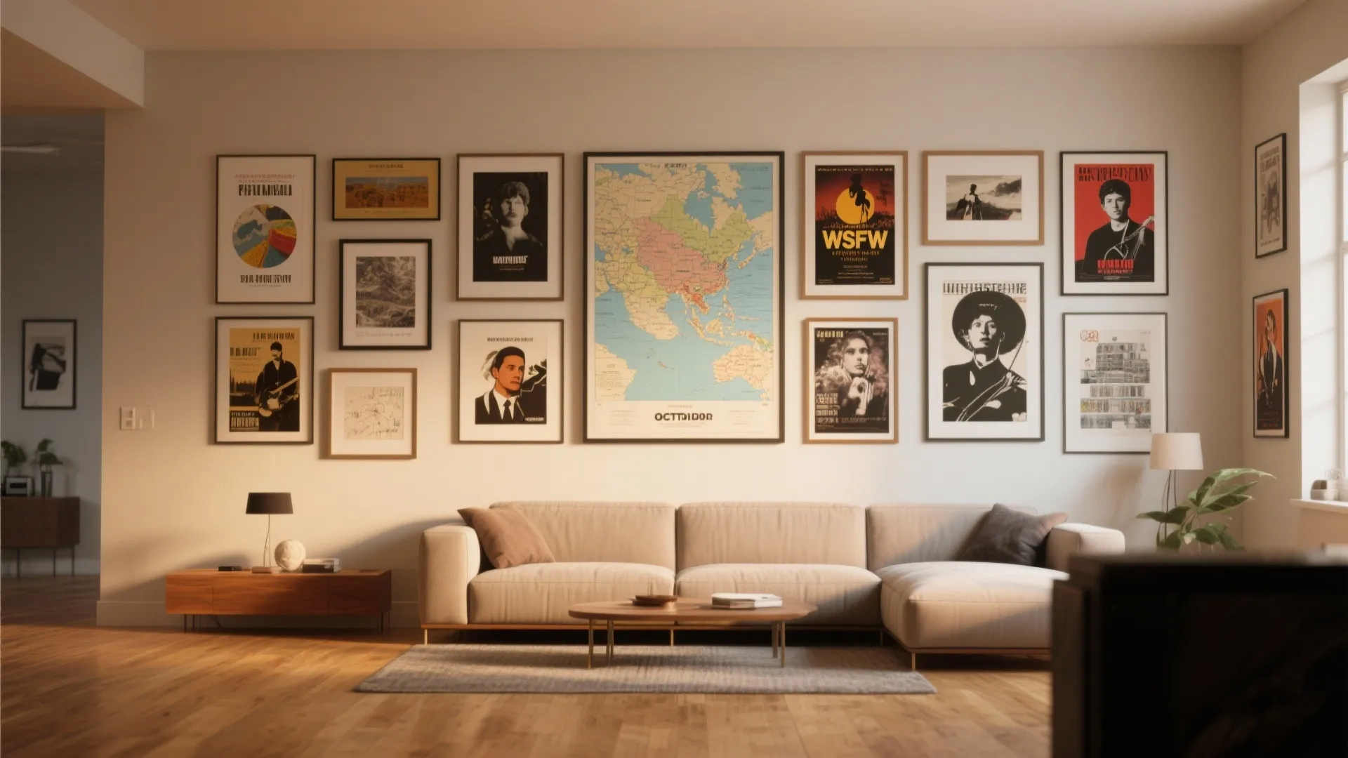 Modern living room featuring a gallery wall with framed art posters above a beige sofa