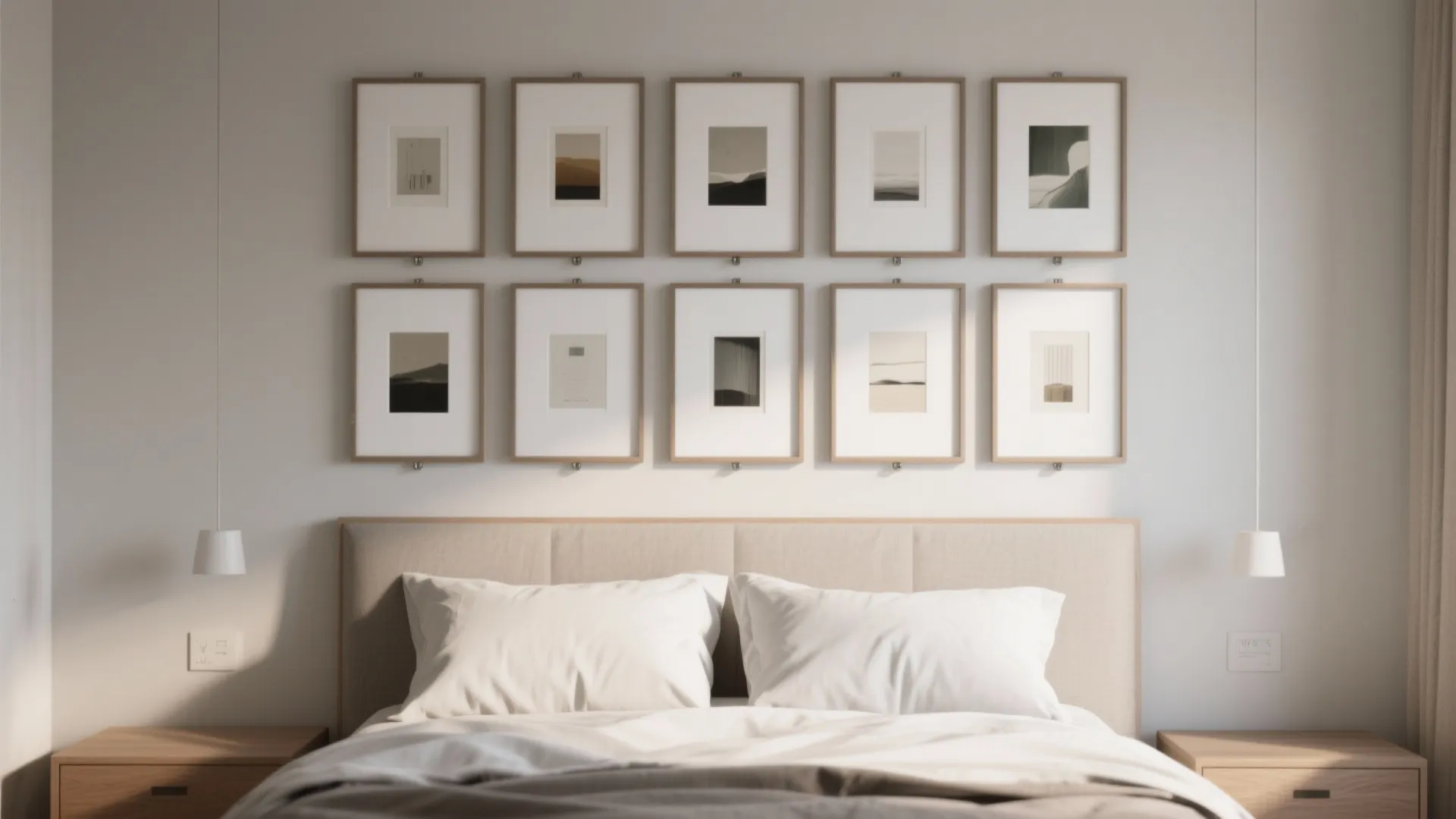 Minimalist bedroom with ten framed art pieces on the wall above a beige fabric bed