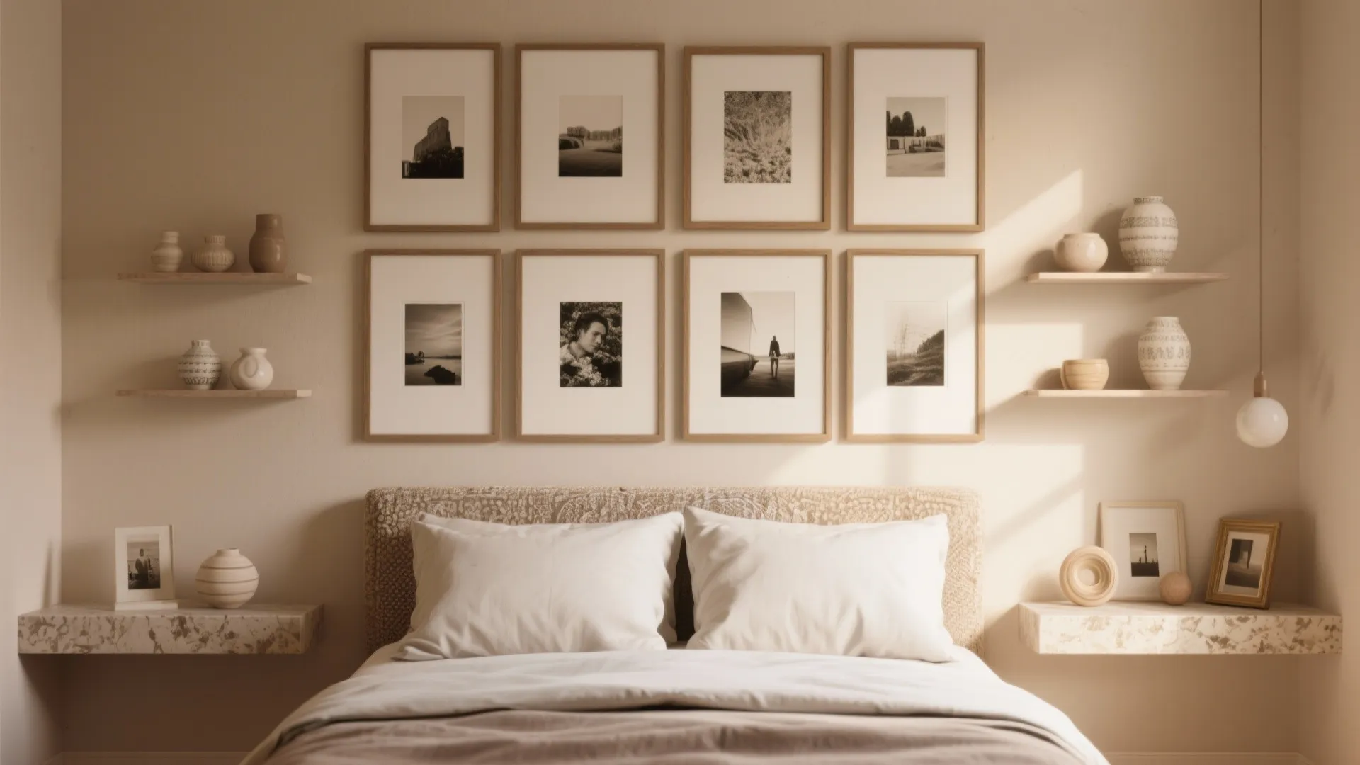 Beige bedroom wall featuring eight framed pictures wooden shelves with small vases and white pillows