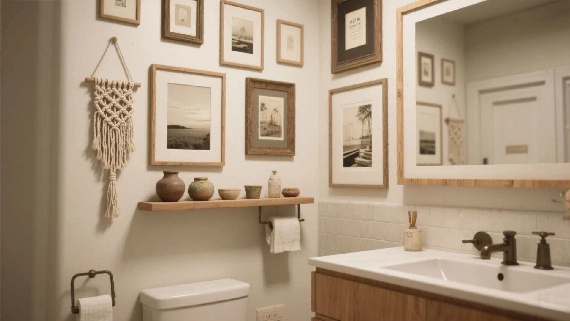Modern bathroom interior with gallery wall many framed pictures wooden vanity sink mirror and toilet