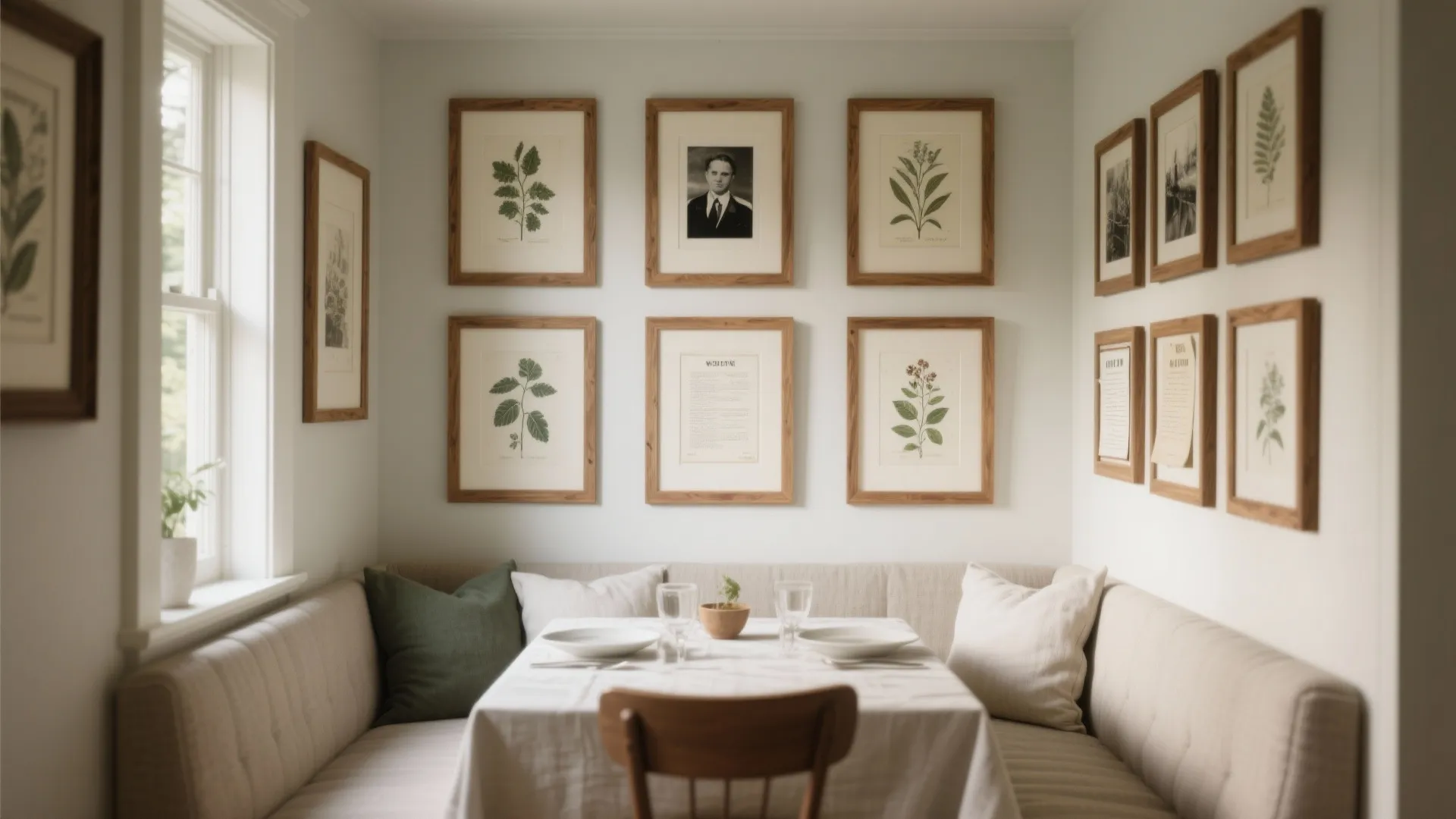 Dining area with white tablecloth built-in seating and a gallery wall of framed botanical prints
