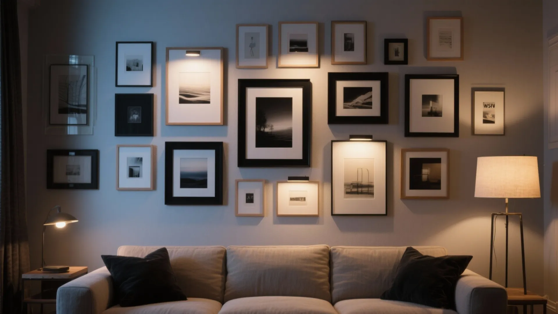 Gallery wall with black and white framed pictures above a sofa with soft floor lamps