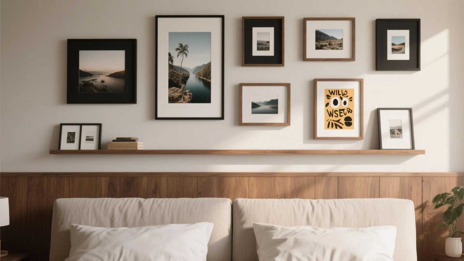 Modern bedroom with gallery wall including black and wood frames above a light beige bed