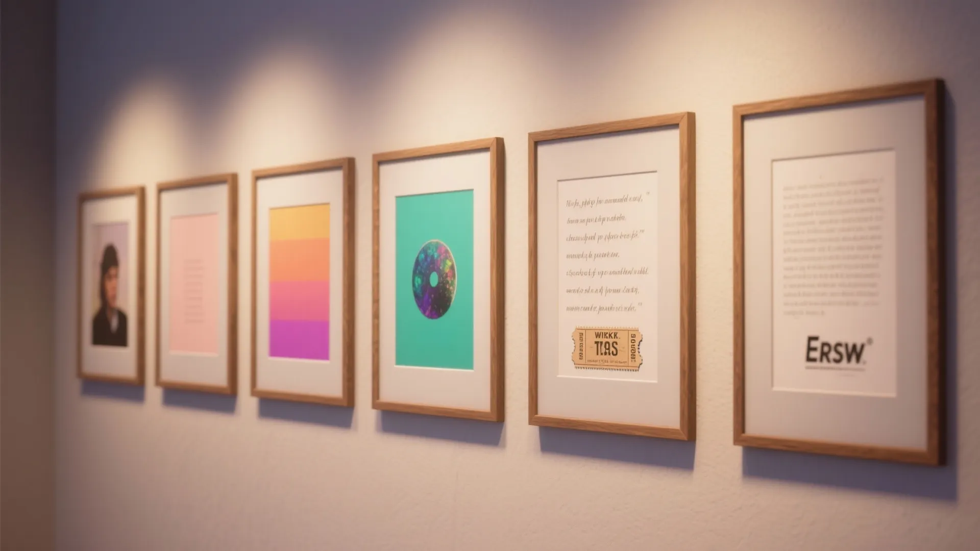 Close-up of a curated gallery wall with framed lyrics, album color blocks, and a vintage ticket.