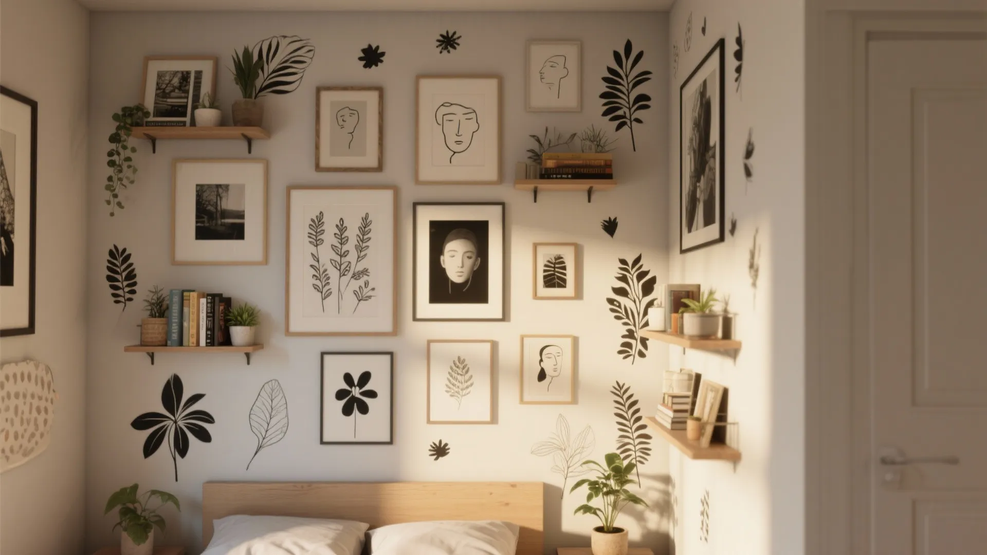 Layered gallery wall with mixed decals, framed photos and shelves above a small bed, warm daylight and neutral decor