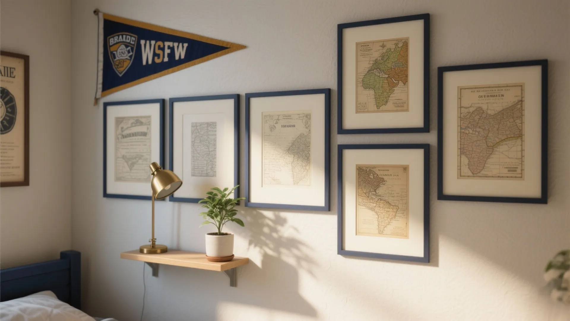 Gallery wall with framed maps and a blue flag above a shelf with gold lamp