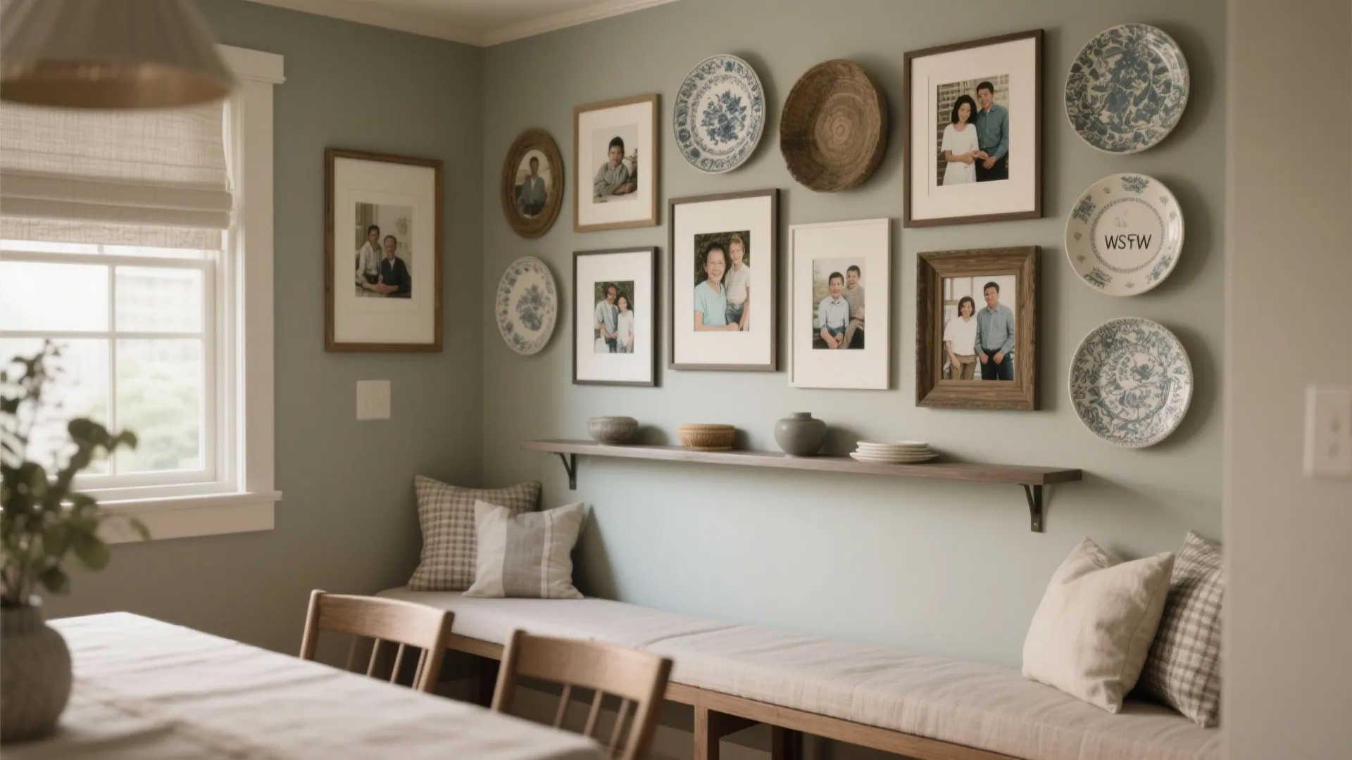 Sage green wall featuring a gallery of framed family photos and decorative plates above bench