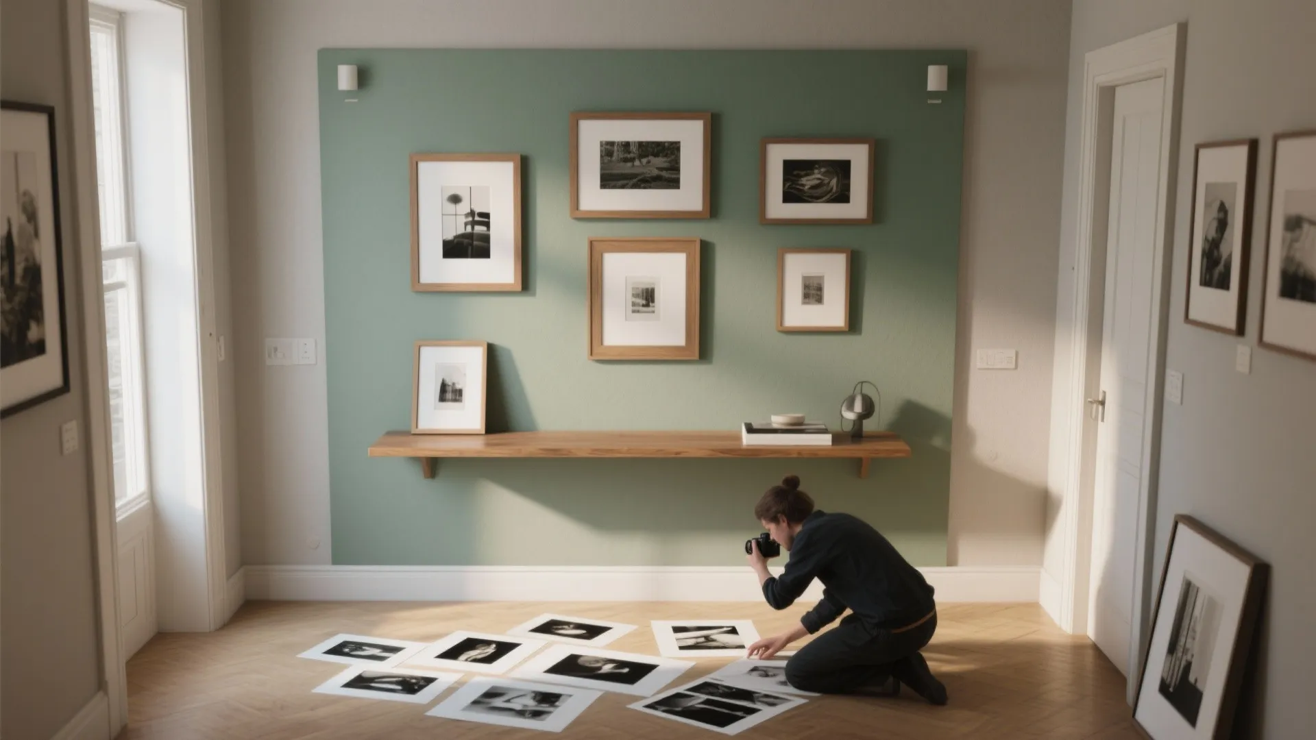 Man taking photos of a gallery wall with green paint, wooden frames, and shelf display