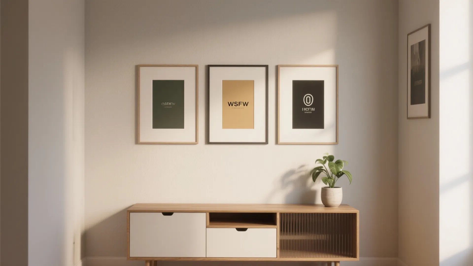 Cohesive gallery wall in a small apartment using a limited two-to-three color palette and varied frames.