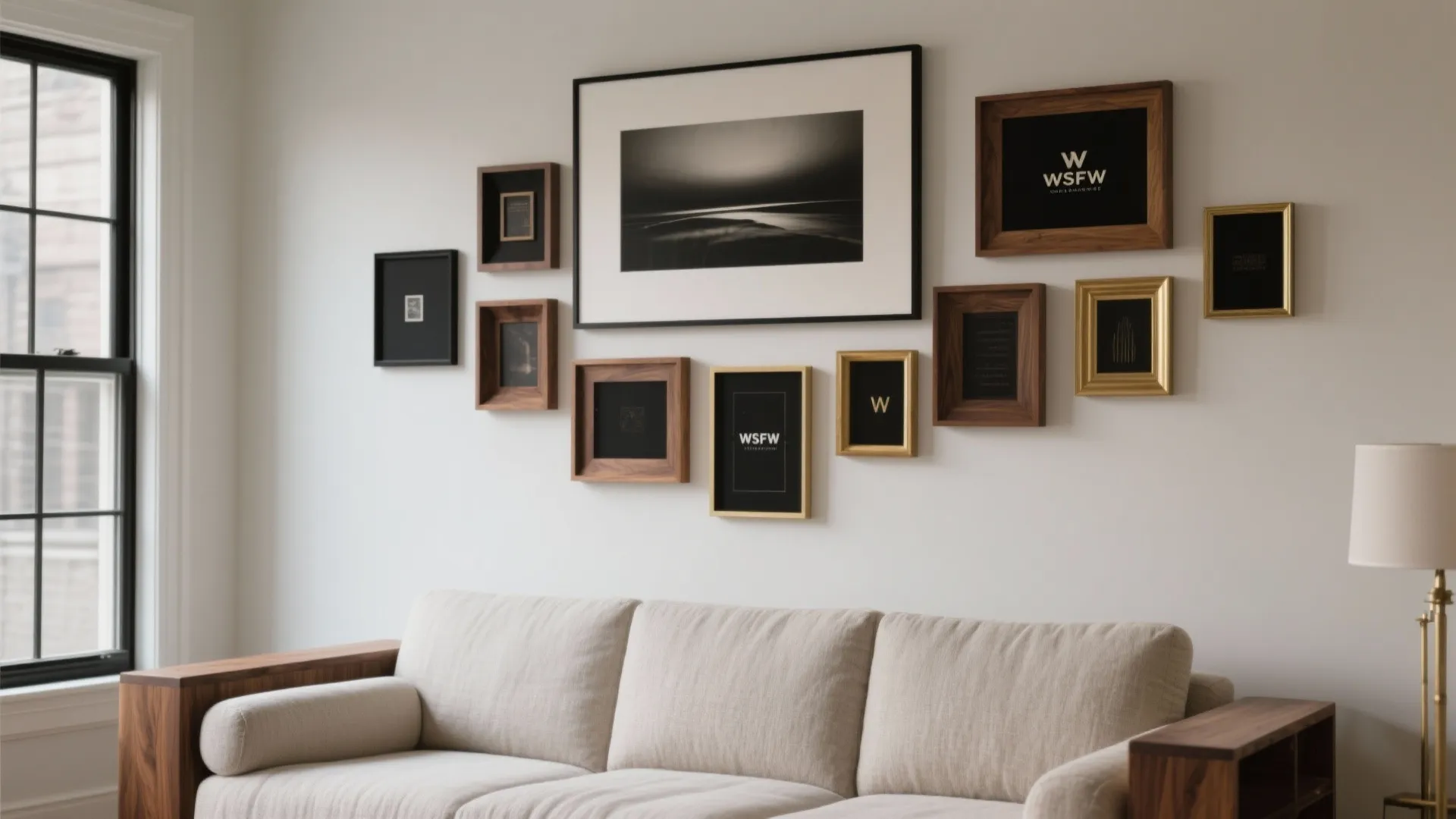Asymmetrical gallery wall with mixed frames