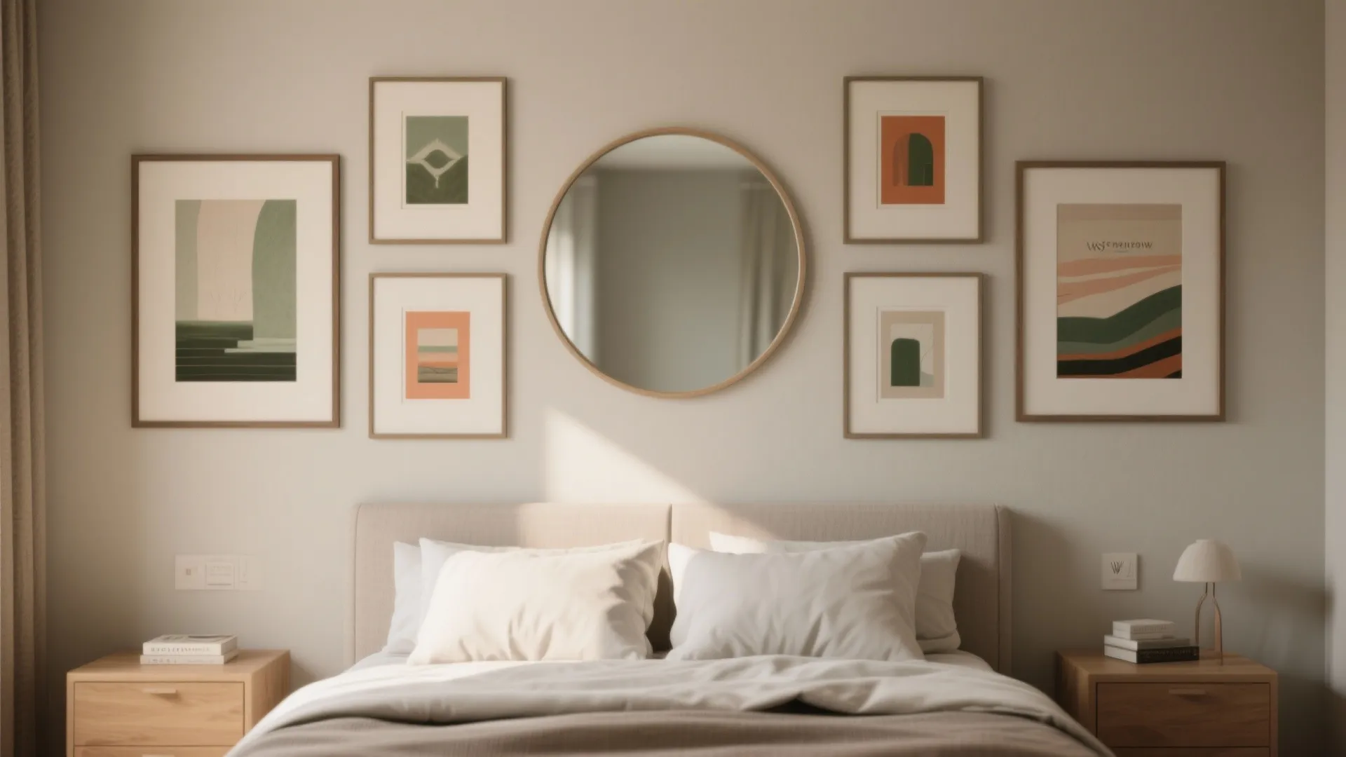 Cozy bedroom with a round mirror and six framed art prints on wall above bed