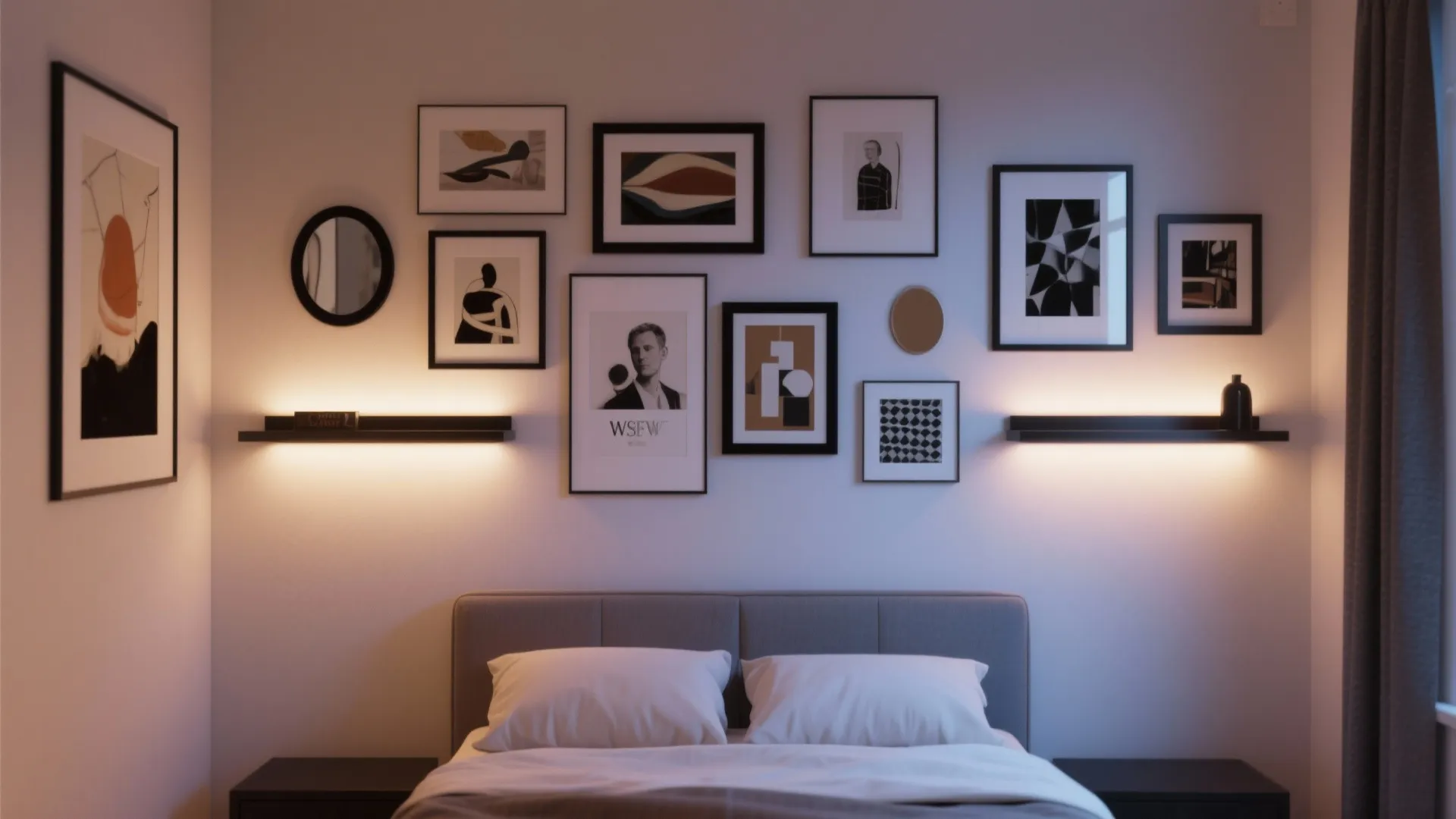 5. Gallery wall with layered frames and lighting